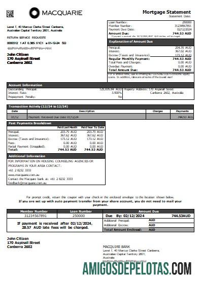 Declaração de hipoteca do Macquarie Bank da Austrália exemplo